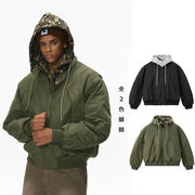 メンズ 冬新作 脱着式レイヤード風 フーディアウタージャケット クリーンフィット 野球ジャケット風★全2色