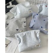 大容量 収納バッグ 綿  チェック柄ブルー系刺繍フラワー化粧ポーチ  収納 かわいい  化粧ポーチ