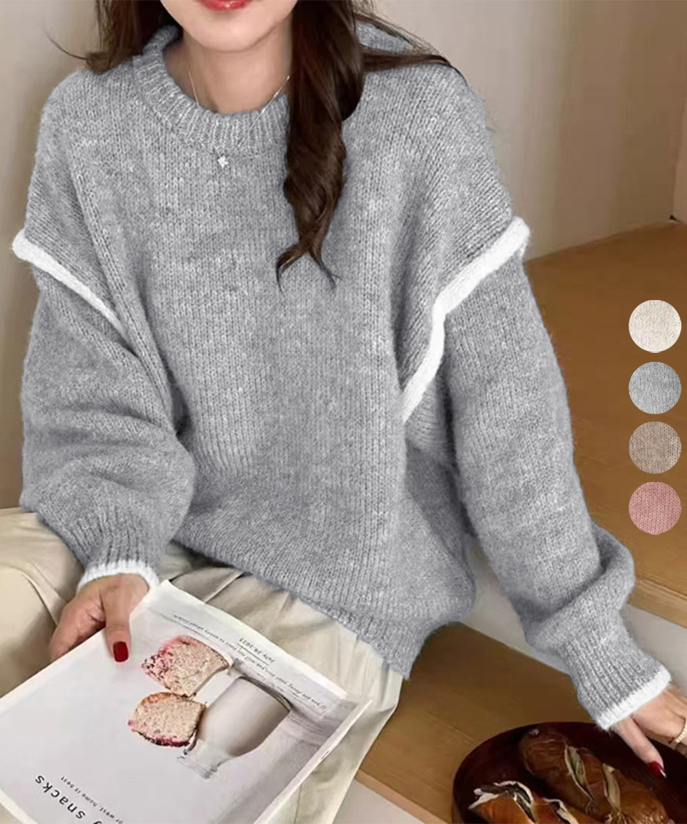 【日本倉庫即納】 ゆったりニットトップスラウンドネック冬服