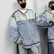 メンズデニムジャケット グラデほつれ加工 ノーカラー ストリート調