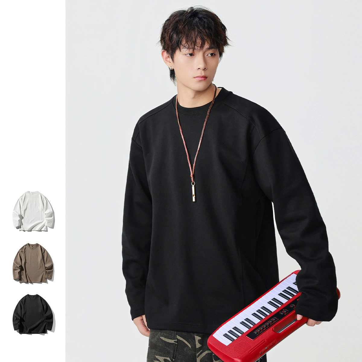 メンズラウンドネック 無地 長袖Tシャツ 男女兼用 ストリート系 トップス 秋冬 2025新作★全3色