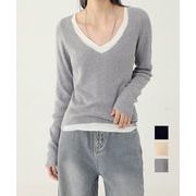 【日本倉庫即納】 ニットトップス レイヤード風 Vネック服