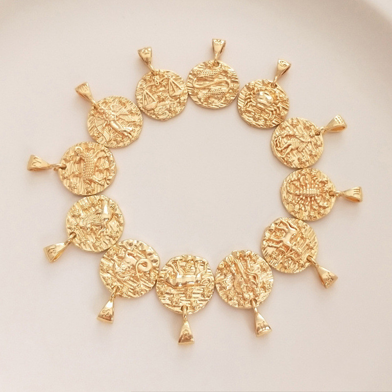 十二星座 ネックレストップ 円型プレート 星座モチーフ 14金 ホロスコープ アクセサリーパーツ 男性 女性