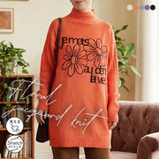 ハイネック配色ロゴ＆花柄ニットチュニック ニット トップス セーター ハイネック お尻隠し 体型カバー