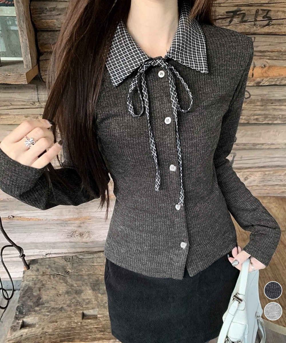 【日本倉庫即納】 チェックカラー リボンリブニットトップス