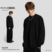 メンズ 380g 男女兼用 無地ロングTシャツ ゆったりシルエット シンプル カジュアル 長袖カットソー★全2色