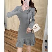 【日本倉庫即納】 プリーツ裾 長袖リブニットワンピース上品
