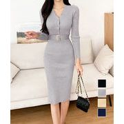 【日本倉庫即納】 リブニットタイトワンピースウエストベルト