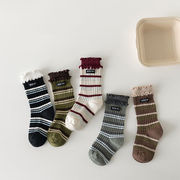 2025秋冬※ソックスミドル丈 コットン フリル レッグウォーマー ボーダー ベビー【5ペア入り】