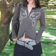長袖 Tシャツ 蝶 バタフライ ダブルジップ アメカジ ギャル スリム ショート丈