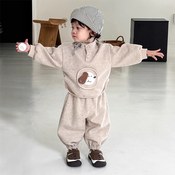 2025秋冬※セット 立ち襟 アップリケ犬柄 スウェット 子供用パンツ 2点セット