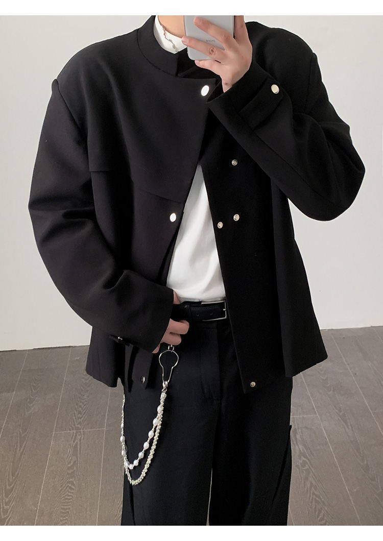 黒×ベージュストライプ スタンドカラー ジャケット 男女兼用 cari23-05_a.jpg