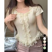 【日本倉庫即納】 レースフリルニットトップスショート丈夏服