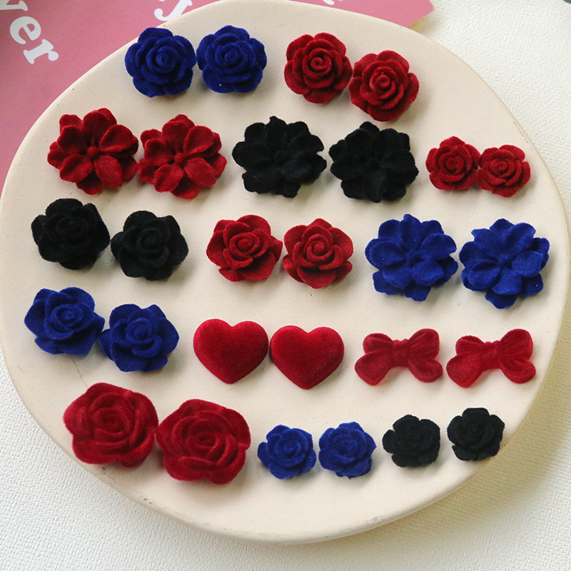 フロッキービーズ ベロアビーズ ボルドー ローズ 薔薇 カメリア りぼん ハート アクセサリーパーツ DIY