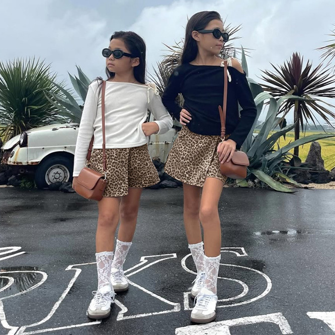 2026春※KRT☆レオパード柄 デニム ショートスカート アシンメトリー スカート 親子コーデ