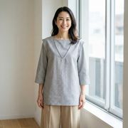 肌触りサラリ　麻混フェイクレイヤード　プルオーバー