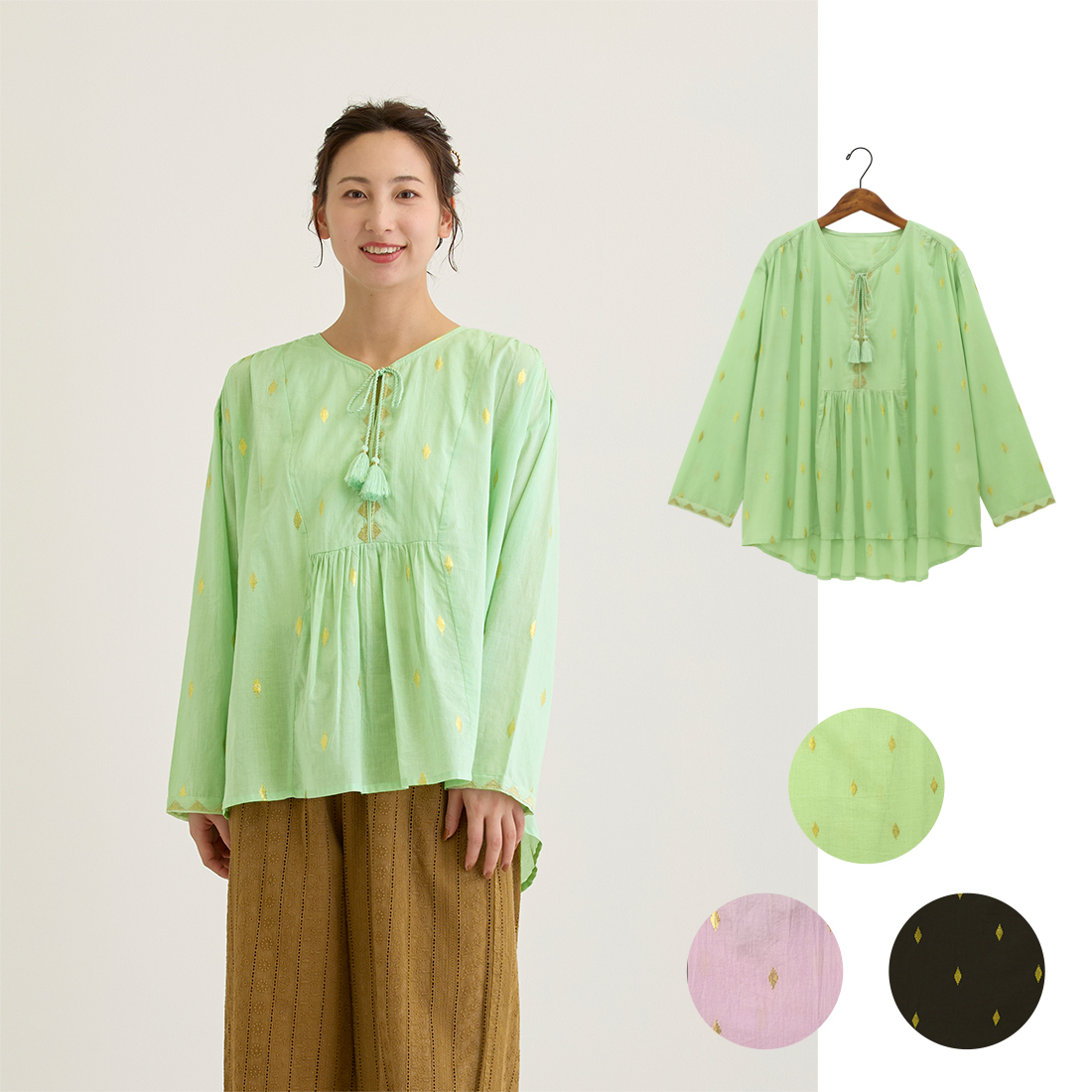 【Shanti Shanti】プルオーバー リュミエール[長袖金糸ゴールド刺繍ジャカードダイヤ柄アジアン春夏26SS]
