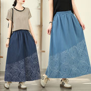 伸縮性のあるウエスト、プリントパッチワークデザインのプラスサイズのデニムスカートV00156