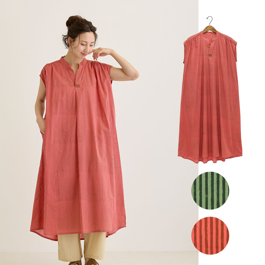 【Shanti Shanti】ワンピース レカ[ノースリーブストライプブロックプリントアジアンナチュラル春夏26SS]