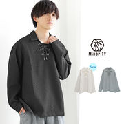 【春の新作】シアサッカーレースアップポロシャツ 長袖無地シャツ/MinoriTY