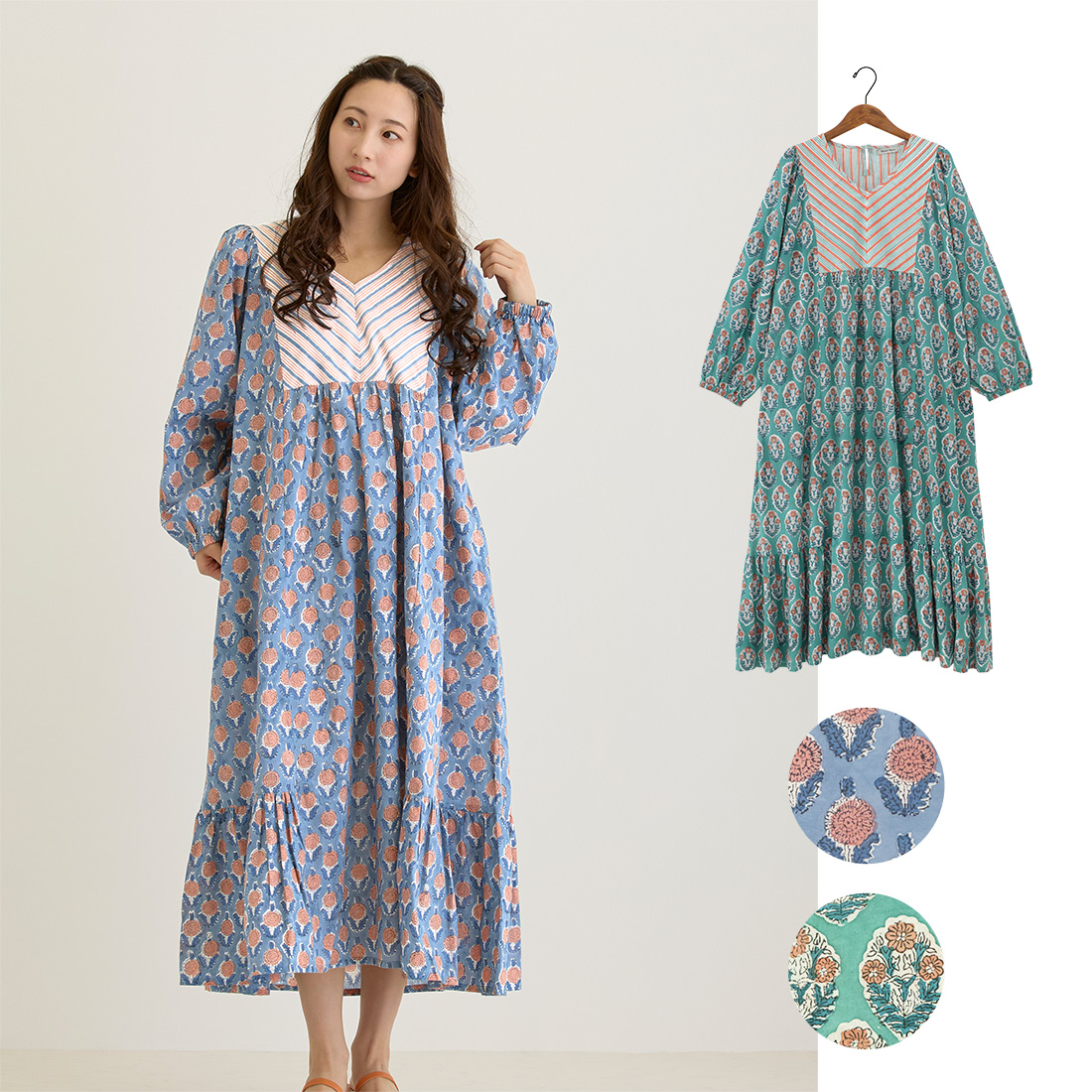 【Shanti Shanti】ワンピース ベル[長袖花柄フラワーブロックプリントインドアジアン春夏26SS]