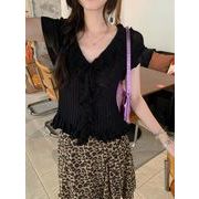 今季マストバイ  デザイン  おしゃれ   レトロ  ニット  フリル  V ネック   トップス