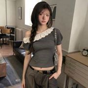 今季マストバイ  デザイン  おしゃれ  レトロ   ワンショルダー  ボーダー  トップス