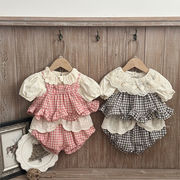 2026夏服※LQY☆チェック柄 ノースリーブキャミ＋フリルバルーンショートパンツ