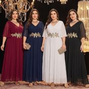プラスサイズ女性用Vネック刺繍入りフレアスカートドレスYM00595