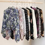花柄シフォン前結びブラウス 薄手  オフィスショートカーディガン     8色