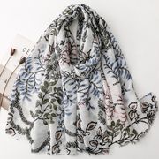 男女兼用 大判薄型 金箔加工 ボタニカル フラワー柄 ストール スカーフ パレオ　全2色　91335