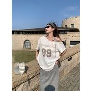 ロゴプリント アシンメトリー半袖トップス ゆったり レディース