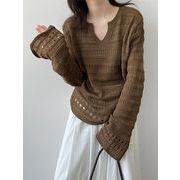 透かし編み Vネックニット フレア袖 ルーズシルエット 4色 レディース春秋トップス