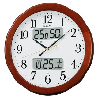 セイコー SEIKO 電波掛時計 木枠 アルダー・茶木地塗装 カレンダー 温度計 湿度計 KX369B