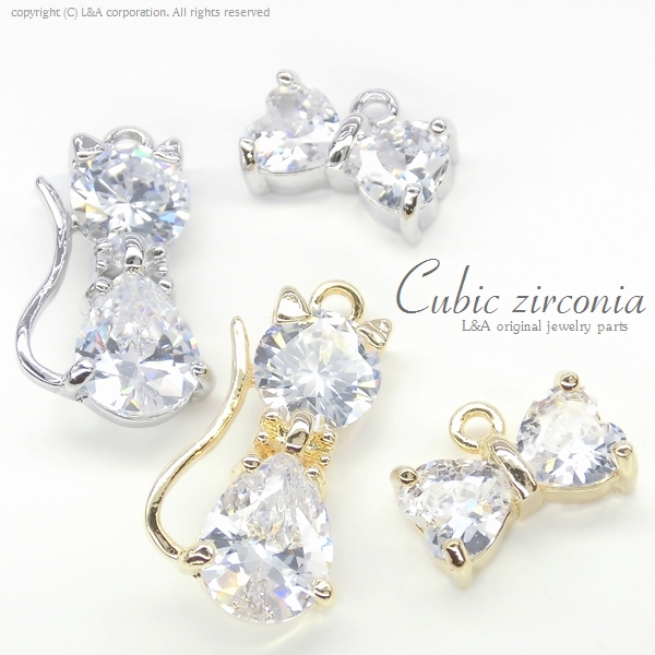 ★L&A original charm★Cubic zirconia★最高級鍍金★K16GP★リボン&ねこちゃん♪133 “Cubic cat”