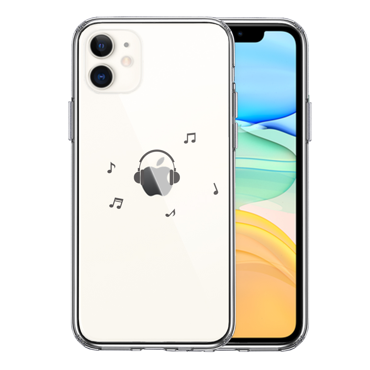 iPhone11 側面ソフト 背面ハード ハイブリッド クリア ケース カバー 音楽 music ヘッドフォン グレー
