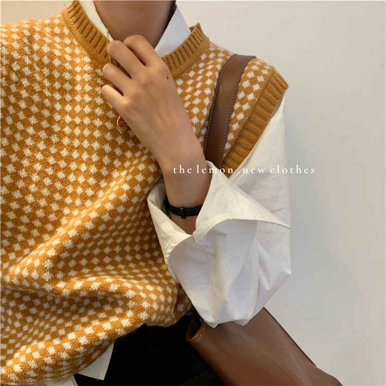 新製品の入荷 韓国ファッション 快適である レトロ チェック柄 編み物 学院風 百掛けセーター ベスト
