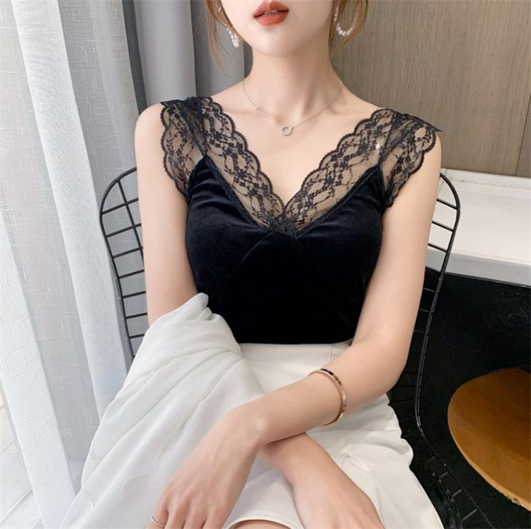 爽やかに見えます 韓国ファッション レース ベアトップ デザインセンス ベスト 美しいバック ｖネック Indianvisa No