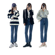 韓国ファッション  簡約 薄い ハイウエスト 伸縮性 百掛け 気質 マイクロフレア ジーンズ カジュアル 職業