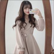 新入荷  秋冬  韓国ファッション 気質 Vネック  ニット  Aライン フレンチスタイル ワンビース