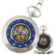 ポケットウォッチ 懐中時計 手巻き スケルトン 蓋付き シースルー 星スタッズ PWA017 メンズ懐中時計