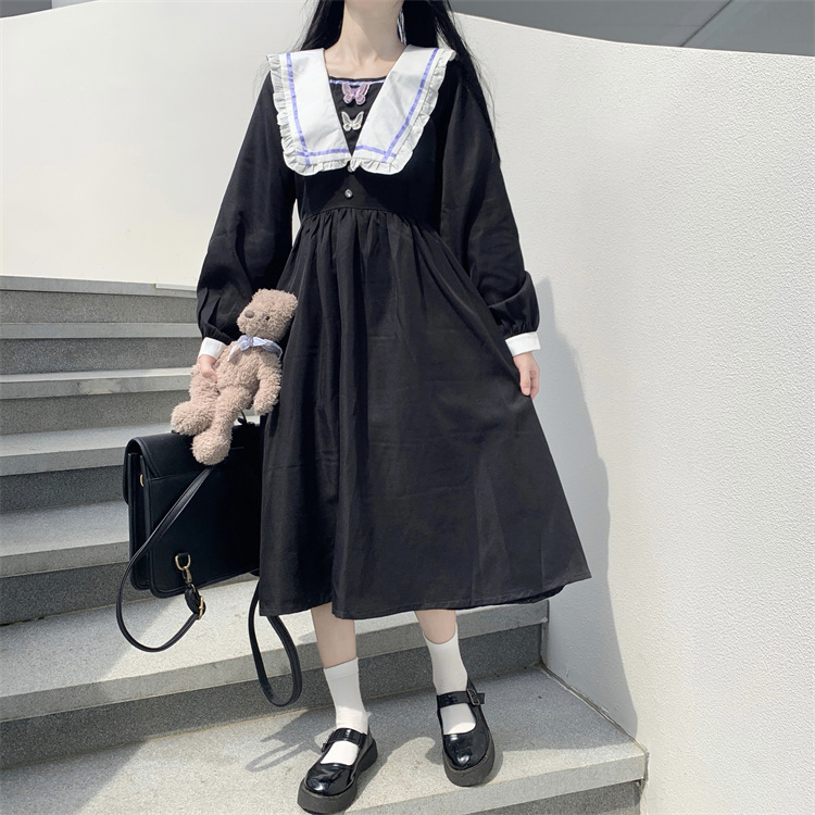 意外なファッション INSスタイル バタフライ JKユニフォーム リトルブラックドレス 長袖 ワンピース