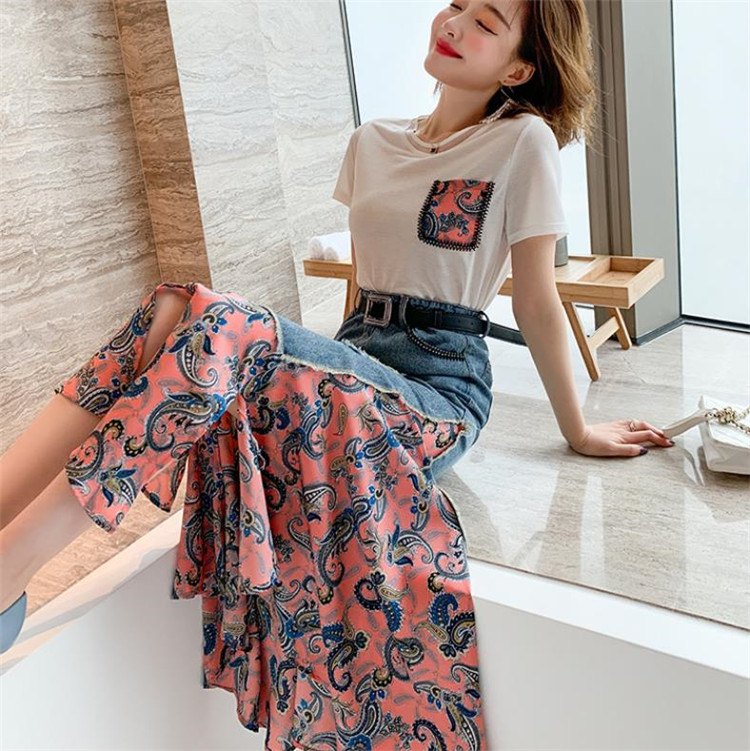 穿きやすく使いやすい INSスタイル 半袖 Tシャツ+デニム 縫付 フリル スカート セット女性 2022年春夏