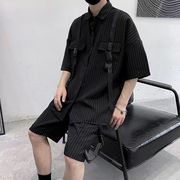 2022夏 韓国ファッション  ins 男性 ブラック スーツ   半袖   シャツ   トップス＆パンツ   上下セット