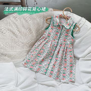 韓国子供服ガールズドレス2022夏の新しい女の赤ちゃんハンノースリーブ人形の襟花柄のドレス