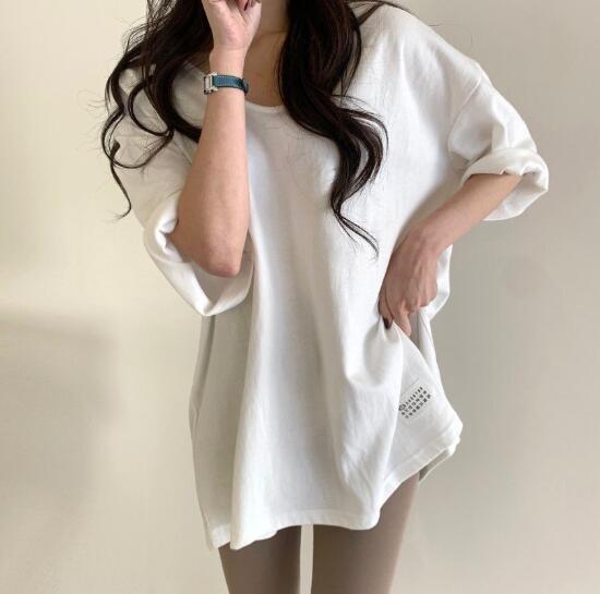 韓国風 chic トップス Tシャツ 半袖  夏ファッション スリット Ｖネック シンプル レディース