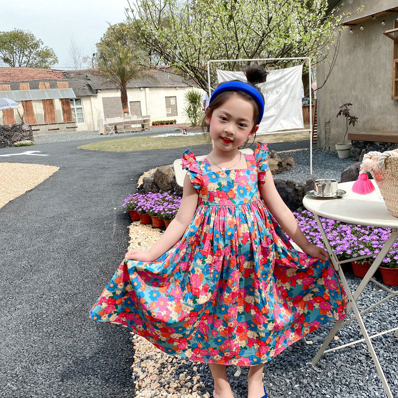 お勧め キッズ春夏新作 韓国風子供服 女の子 花柄 フリル マキシワンピ シフトドレス ワンピース 7 15