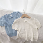 夏の女の子半袖Tシャツ外国風ベビーニット半袖子供用半袖子供用アイスシルクトップ薄肉の韓国版