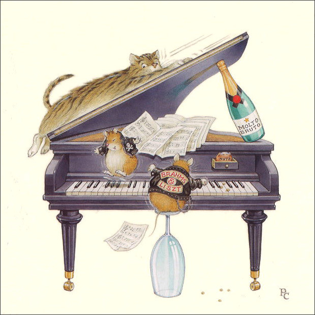 グリーティングカード 多目的 ピーター・クロス「ピアノにしがみつく猫とはしゃぐねずみたち」
