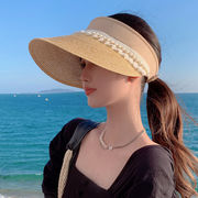 夏　麦わら帽子　帽子　サンバイザー　UVカット　日焼け防止　紫外線対策　つば広　パール